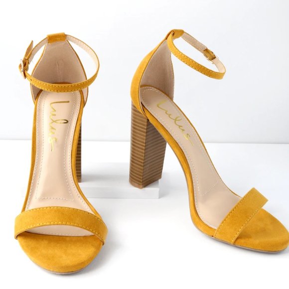 Lulus Mustard Yellow Suede Ankle Strap Heels - Picture 2 of 3